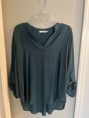 Women's dark green V neck Roll-Sleeve Blouse-LUSH